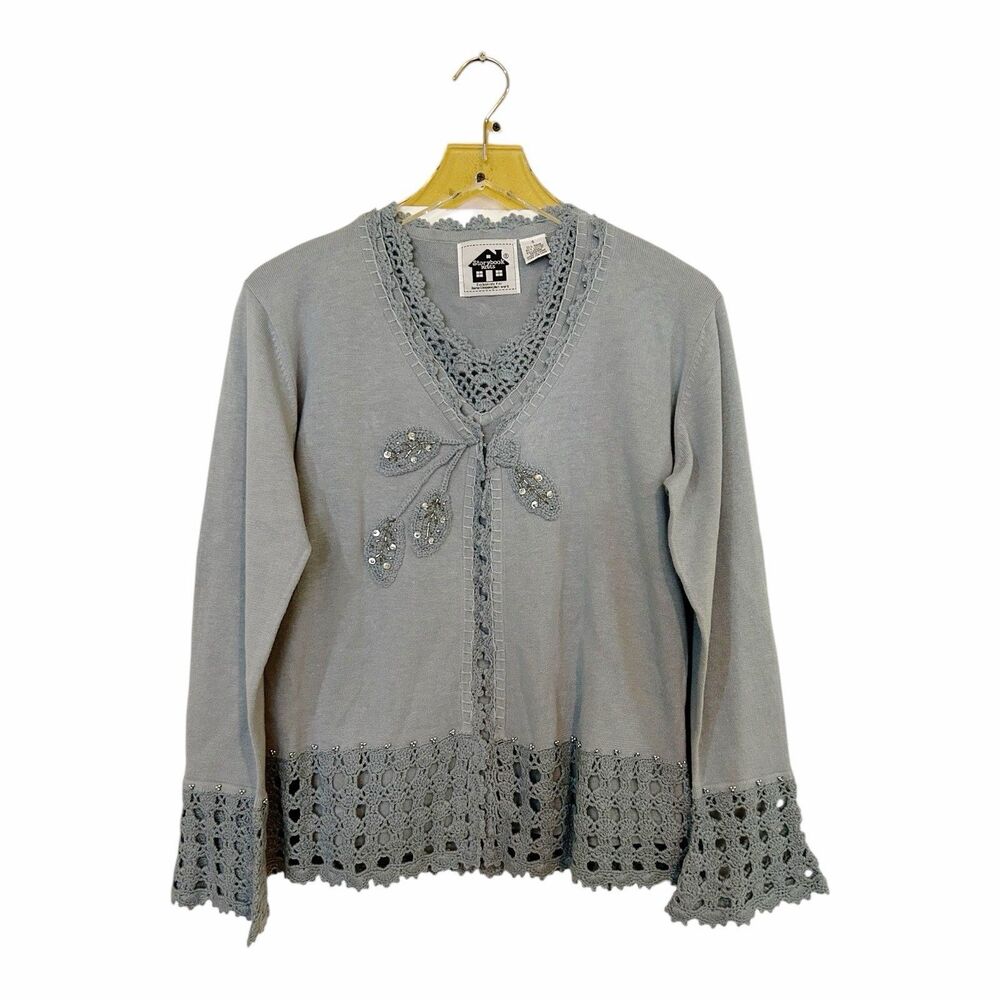Storybook Knits Twin Set Tank Top Cardigan Dusty Blue Crochet Beading Sz S Ramie
